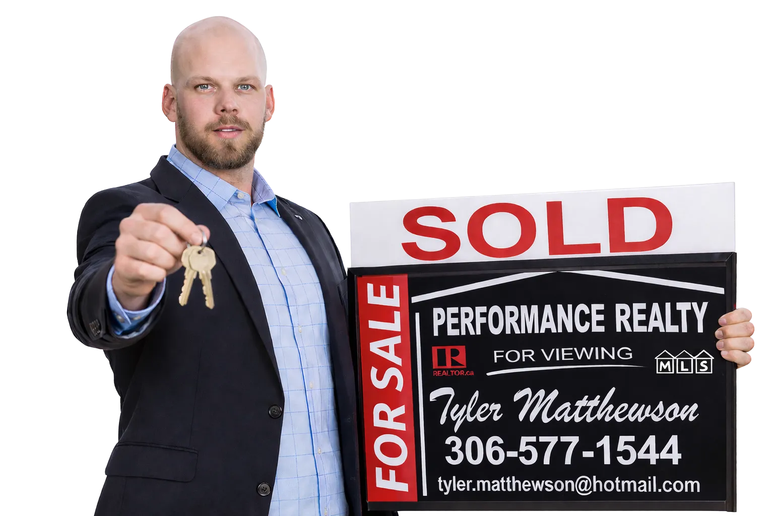 Tyler Matthewson holding a Performance Realty sold sign